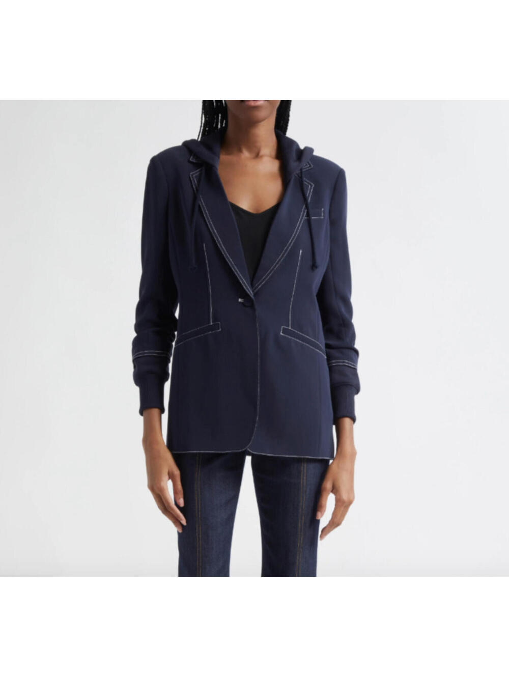 NEW, Cinq A Sept Khloe Hooded Topstitch Blazer in Navy Sz 6 #SJ2270